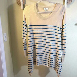 Love Womens Sz S/M Tan Blue Striped Sweater Tunic Shark-Bite Hem Lightweight